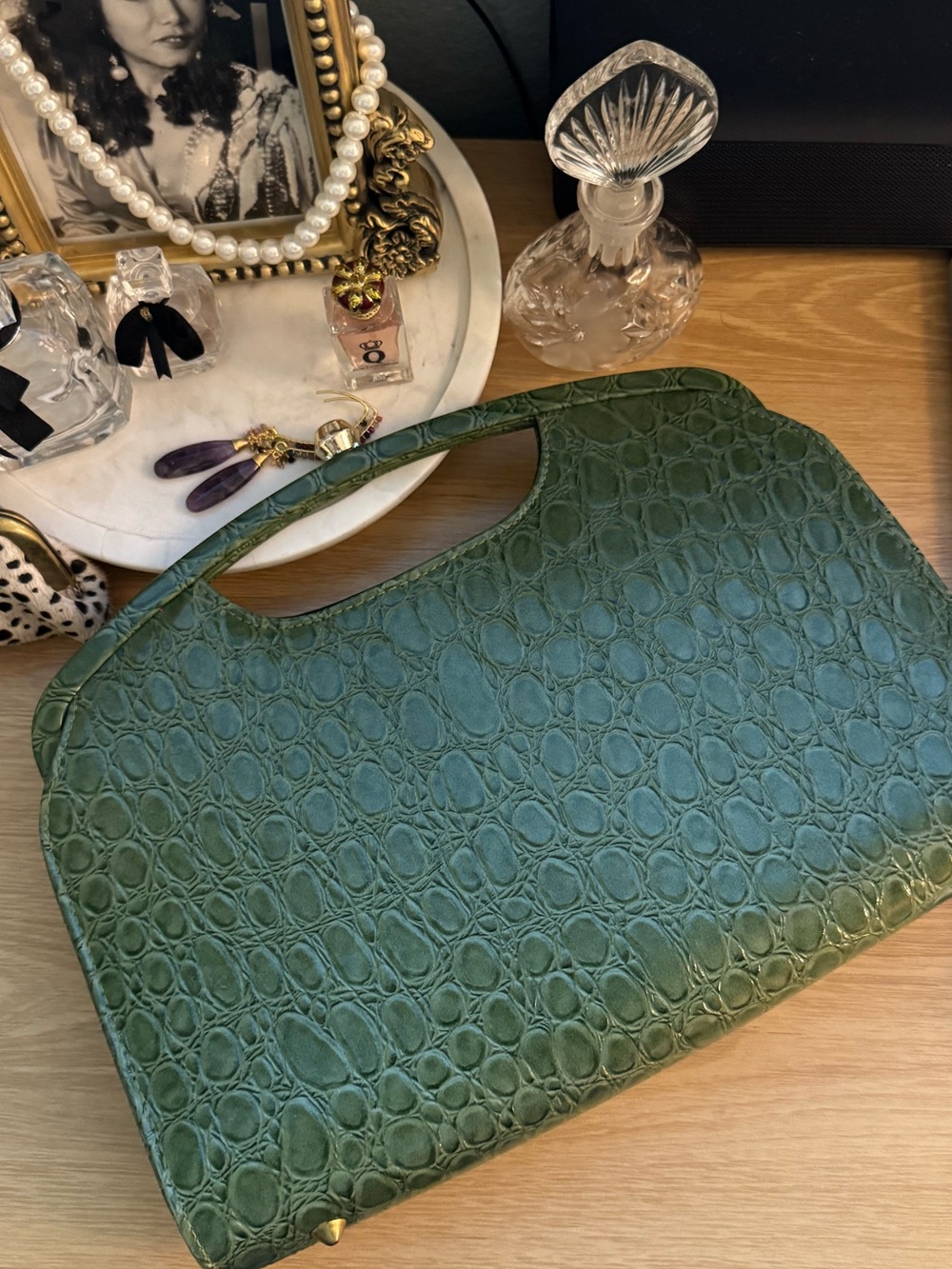 Vintage Green Croc-Embossed Leather Women's Top-Handle Bag